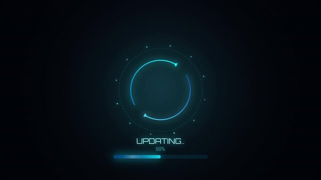 Digital interface displays a system update in progress, featuring a glowing blue circular refresh arrow and a progress bar on a dark background. Technology, software installation, cybersecurity