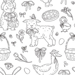 Naklejka premium Happy Easter doodle seamless pattern. Animals with cute hats, bows. Spring holiday. Bunny, lamb, goose, and chick. Egg, flower, basket, Easter cake, ribbon, tulip, pie. Vector illustration.