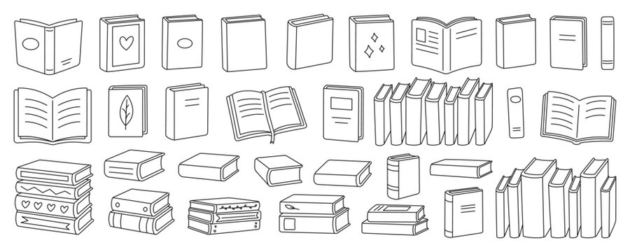 Outline vector set of assorted books. Various styles including open, closed, and stacked