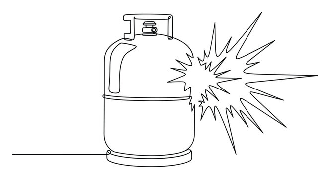 Single continuous line drawing illustrating a gas cylinder with an explosion symbol representing potential danger and industrial accidents useful for safety warnings and educational