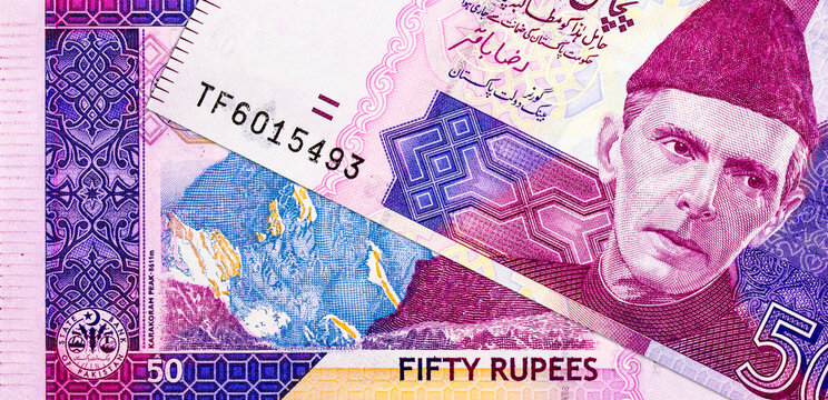 50 Rupees Pakistan Banknote with image of karakoram pick and mountain K2. Paper money of Pakistan.