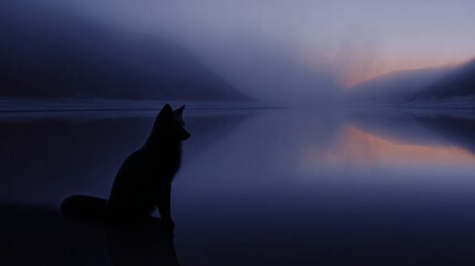 Fototapeta premium A serene scene of a silhouette of a fox by a calm lake during dusk. The misty ambiance enhances the tranquil beauty of nature. Perfect for wildlife lovers and tranquil art. AI