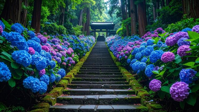 寺院の境内に咲き誇るあじさいの林と石畳の階段
Ancient Temple Forest with Hydrangeas and Stone Staircase