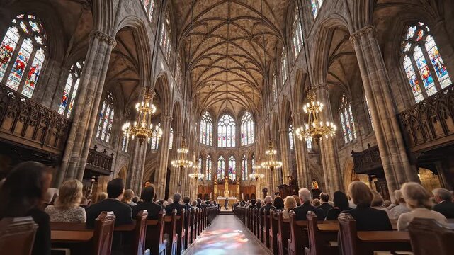Interior of a grand cathedral with congregation