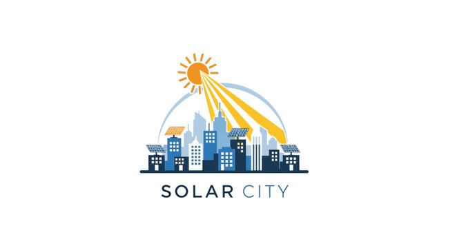 Solar city logo, eco friendly vector emblem, sustainable energy symbol, cityscape icon