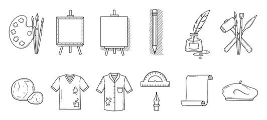 Fototapeta premium Collection of various hand drawn sketching painting and sculpting supplies perfect for learning hobbies school projects and creative professional endeavors