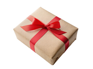 Obraz premium Beautifully wrapped gift box with natural brown paper and a vibrant red satin ribbon bow, perfectly isolated PNG for festive celebrations