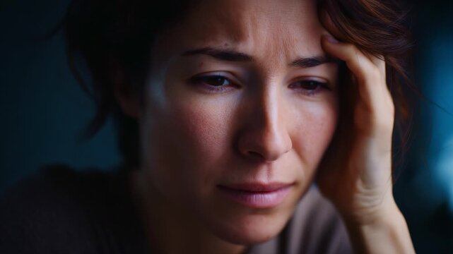 A contemplative woman displaying deep emotions, reflecting inner turmoil and vulnerability through her expressive facial gestures and thoughtful demeanor.