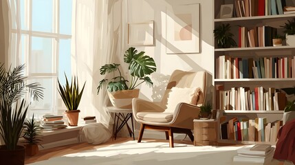 Fototapeta premium Peaceful home lifestyle, Soft Living in Natural Light with copy space. Concept: Peaceful home lifestyle, minimalism, cozy living, wellness, calm atmosphere
