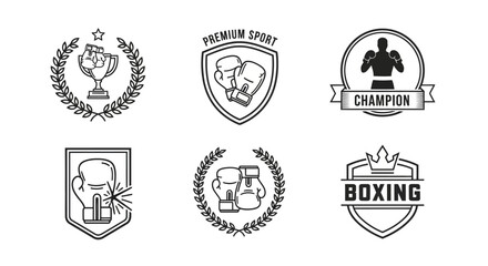 Fototapeta premium Collection of Six Boxing And Sports Emblems Including Trophy Gloves And Championship Ribbons For Sport Branding And Design Projects