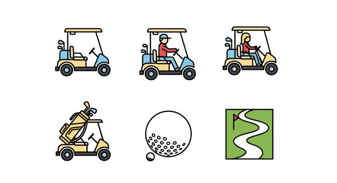 Golf cart illustrations with golfers, golf ball, and course map on white background.