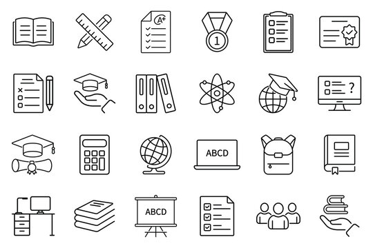 Education vector icon set with black outlines. Book, Table, Board, School Bag, Pencil, Computer, Laptop, Marksheet, Calculator etc icon set. Editable stroke. Vector illustration.