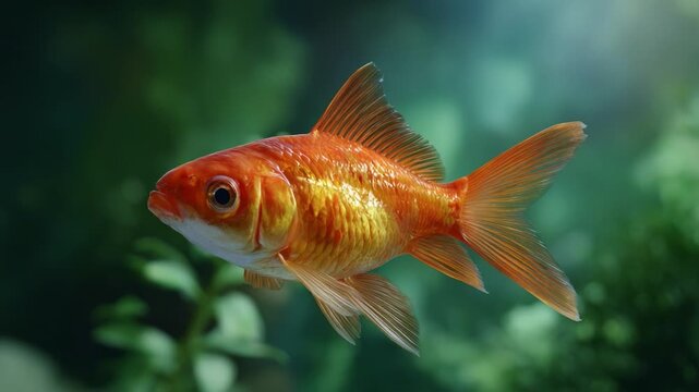 An Enchanting Goldfish Swimming Gracefully in a Lush Aquatic Environment, Showcasing Its Vibrant Orange and Gold Scales Under Soft Underwater Lighting.