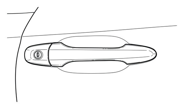 Line drawing depicting an automobile door handle with a visible keyhole, useful for conveying automotive mechanics, engineering specifications, or vehicle assembly instructions.