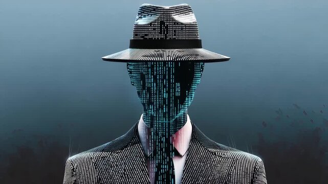A man in a suit and hat with a pixelated face in a dark