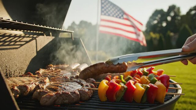 Grilled meat and vegetables with American flag