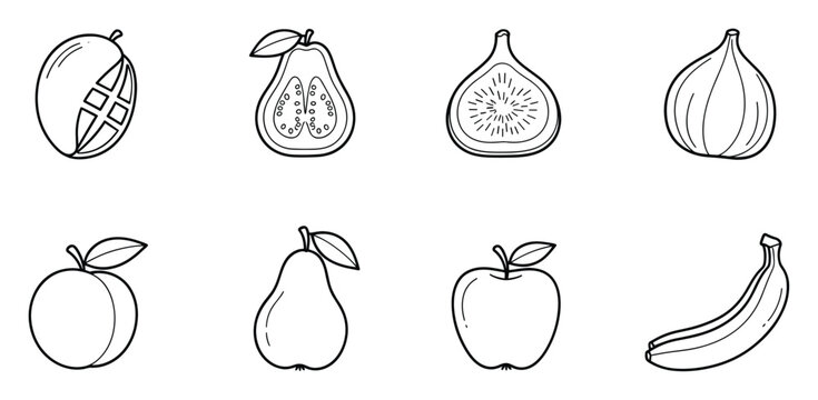 Outline drawing set of various fresh fruits including mango, guava, fig, peach, pear, apple, and banana, suitable for healthy lifestyle promotion, recipe books, and learning resources.