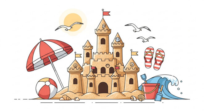 A colorful vector illustration of a sandcastle with beach accessories and seagulls flying overhead