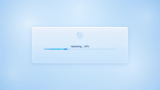 Glassmorphism dialog box displays a system update progress, featuring a spinning loader icon and a blue progress bar against a soft light blue background. Software installation, system maintenance