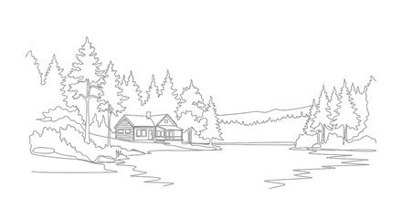 Fototapeta premium Line art drawing of a cozy cabin nestled amidst trees and a serene landscape