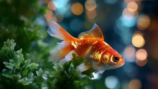 A Vibrant Goldfish Swimming Gracefully Amongst Lush Greenery with a Beautiful Bokeh Background of Softly Glowing Lights in an Underwater Scene