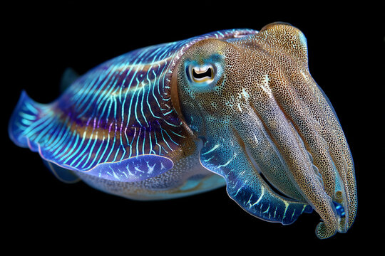 A cuttlefish swims with colorful blue and brown body patterns