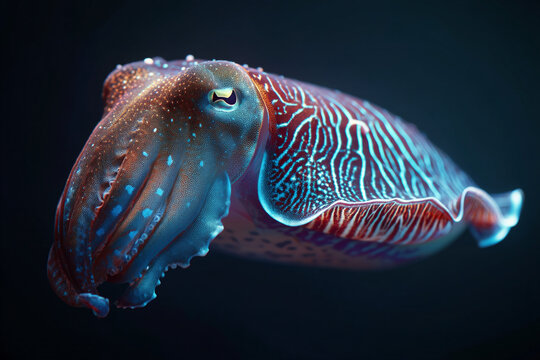 A colorful cuttlefish swims through the dark ocean water slowly