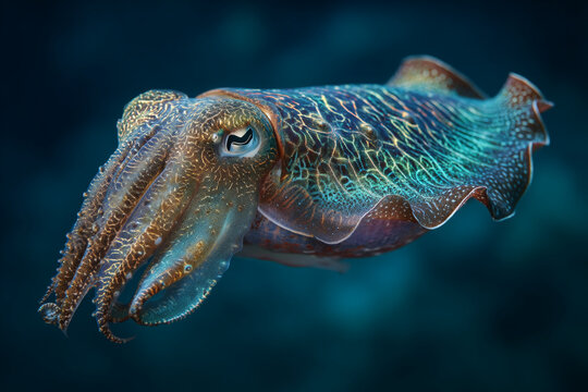 A colorful cuttlefish swims through the dark ocean water freely