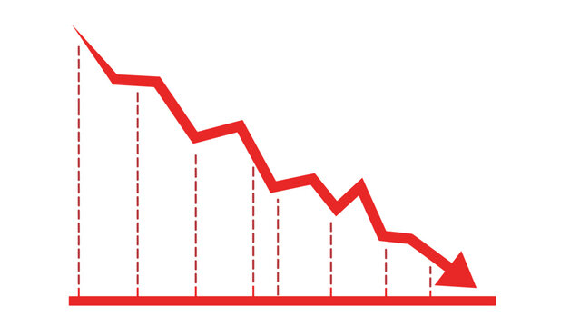 Financial line graph illustration with a thick red arrow pointing downwards against vertical dashed lines on a white background.