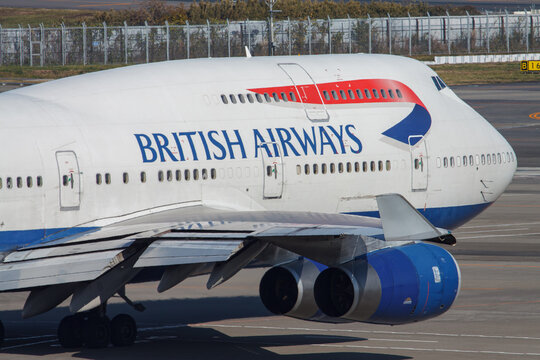 Narita, Chiba Japan - 2010 December 09: A British Airways Boeing 747-400 (G-BNGA) parked on the apron at Narita International Airport (NRT).