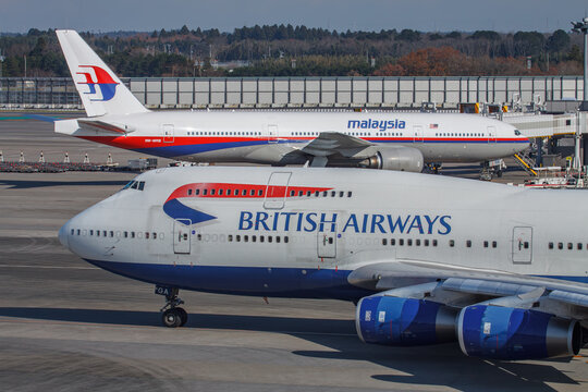 Narita, Chiba Japan - 2010 December 09: A British Airways Boeing 747-400 (G-BNGA) parked on the apron at Narita International Airport (NRT).