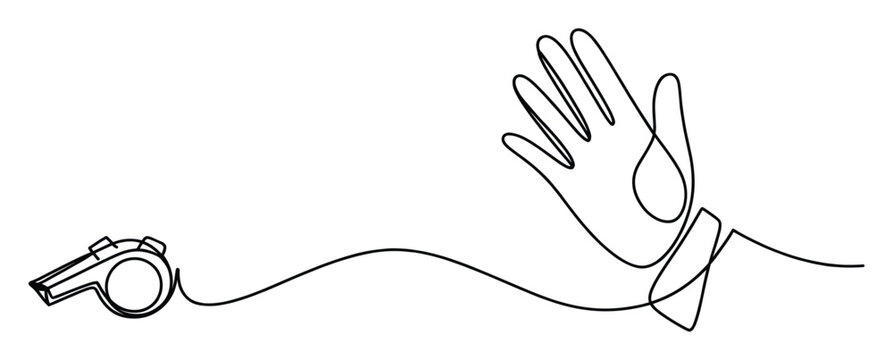 Continuous line drawing of a referees whistle and a hand making a stop signal, ideal for sports event promotions, coaching workshops, and disciplinary communication themes.