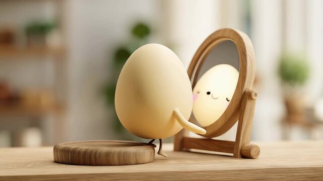 A cute cartoon egg character looks at itself in a wooden mirror on a table in a bright room.