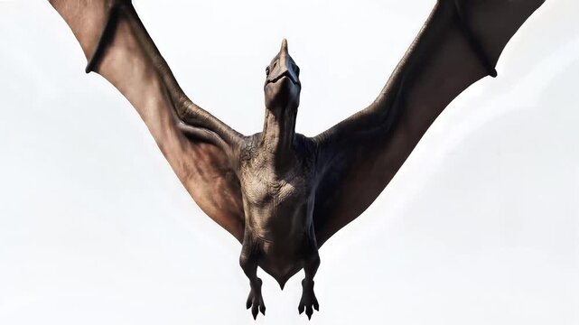 Dramatic view of a brown flying reptile gliding across a pale daytime sky.