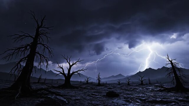 Stormy landscape with lightning and dead trees