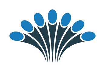Fototapeta premium Vector of blue abstract design featuring stylized flowing shapes and people icons in a symmetrical arrangement
