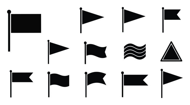 A comprehensive set of various black flag symbols and pennant icons displayed on poles and as standalone shapes, perfect for navigation markers, location indicators, or user interface