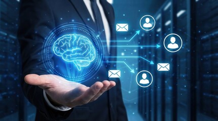 Fototapeta premium Businessman holding glowing digital brain for artificial intelligence communication and data network management in server room