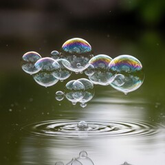 Obraz premium A cluster of iridescent bubbles floating above rippling water with a blurred green background
