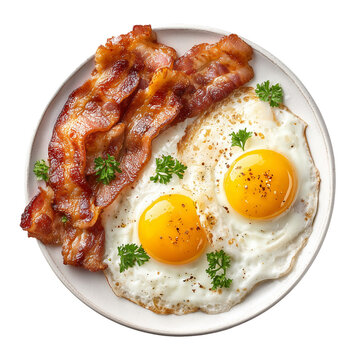 A plate of crispy bacon and fried eggs isolated on transparent background