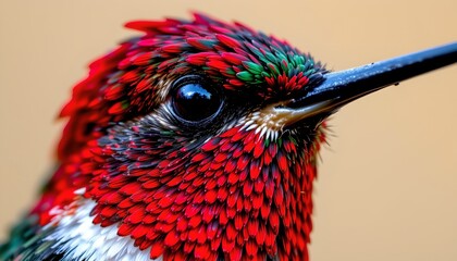Fototapeta premium The image features an extreme close up of a hummingbird's head, highlighting the vibrant, iridescent feathers that cover its crown and face