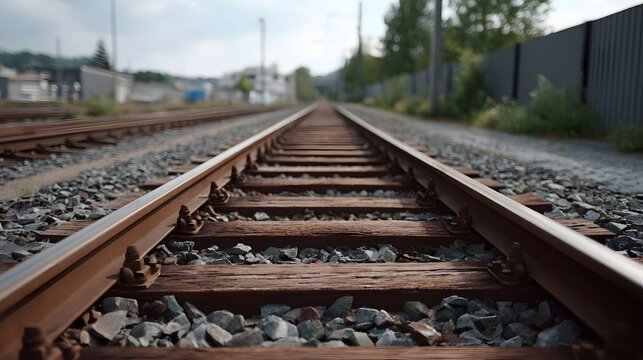 Perspective view of abandoned railway tracks receding into the distance under a cloudy sky