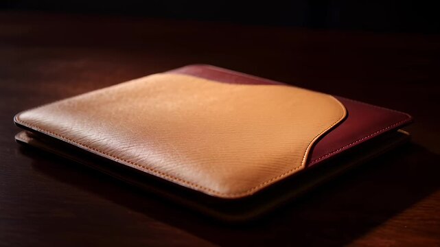 Close Up of an Elegant Two-Tone Leather Folder on a Dark Wooden Table