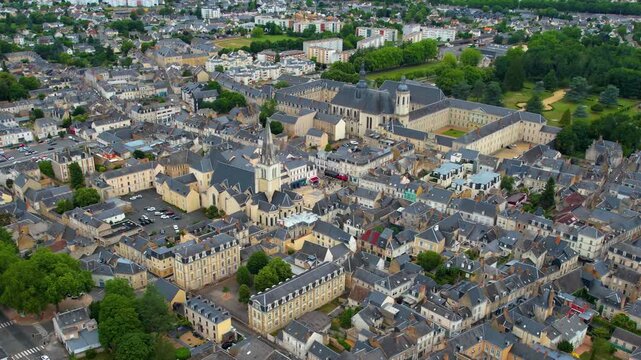 A panorama aerial view of the City La Fleche in France. On a sunny noon in summer beside the old town.