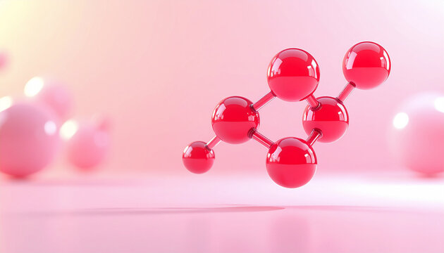 アスタキサンチンとトラネキサム酸をイメージした赤い分子構造3Dイラスト、エイジングケアと先端スキンケア研究を表現した美容ビジュアル Red molecular structure 3D illustration inspired by astaxanthin and tranexamic acid, beauty visual expressing anti aging and advanced 