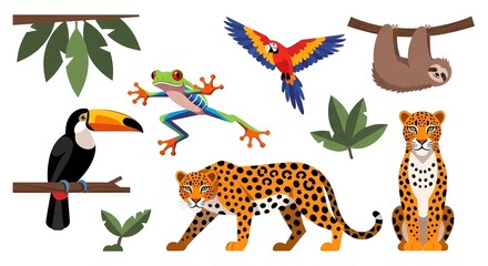 Fototapeta premium Tropical Jungle Animals Vector Set – Toucan, Parrot, Frog, Sloth, Leopard Cartoon Illustration