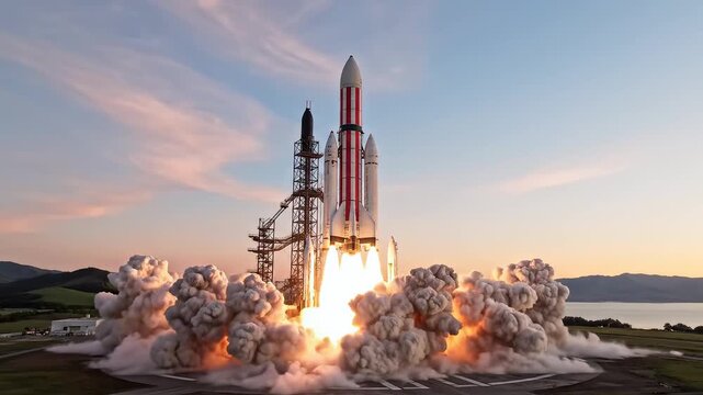 Rocket launch at dawn with smoke