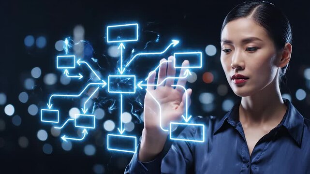 Woman interacting with digital flowchart