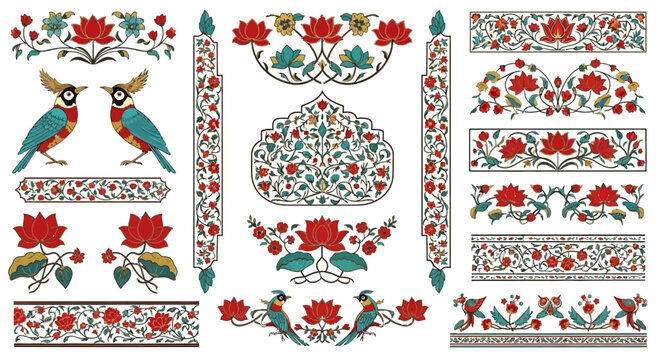 Indian Mughal Miniature Motifs and Taj Mahal Floral Vector Borders