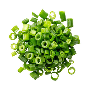 A pile of chopped green onions on a surface isolated on transparent background